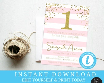 Pink Gold One First Birthday Invitation, Girls First Sweet Cute So much Fun, Editable, Template, Gold Glitter Download #2088