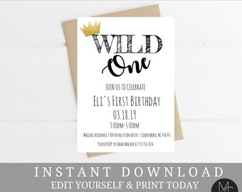Wild One Birthday Invitation, Black Gold, First Birthday Invitation, Where the Wild Crown, Editable, Templett, Instant Download #2090