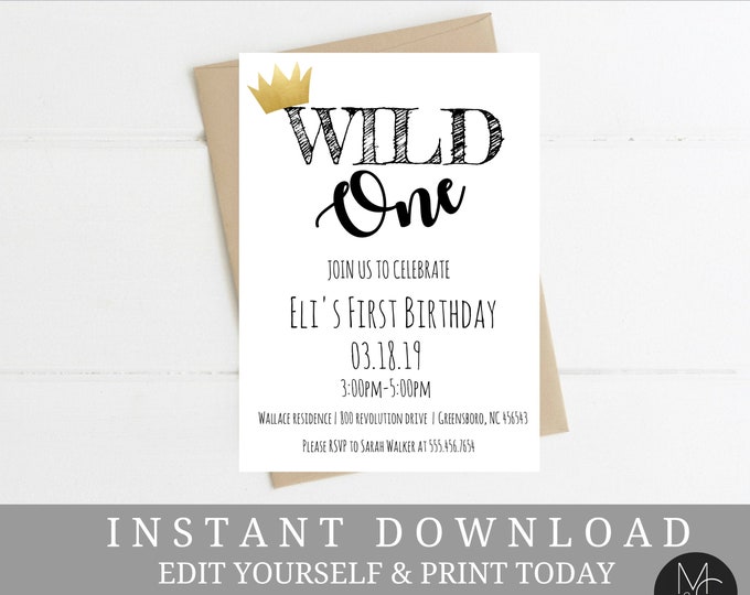 Wild One Birthday Invitation, Black Gold, First Birthday Invitation, Where the Wild Crown, Editable, Templett, Instant Download #2090