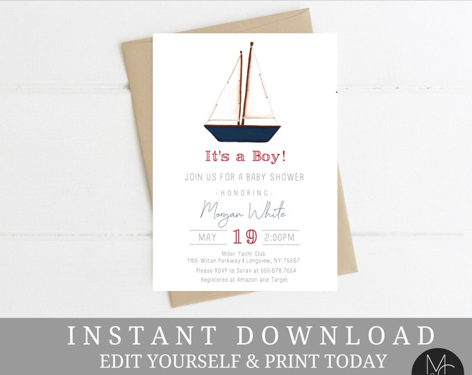 Sailboat Baby Shower, Invite, Boy Baby Shower Invitation, Nautical Baby Shower, Printable Invitation  Instant Download Baby Shower #T24
