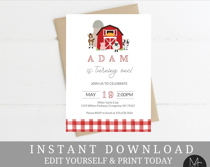 Farm Barnyard First Birthday Invitation, Animal Farm Simple Modern, Editable, Template, Cow, Pig Barn Instant Download #2090