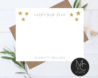 Stationary Cards Monogram Stationary Script Font New Year 2021 Personalized Note Card Set Envelopes Gold Stars New Years Stationery