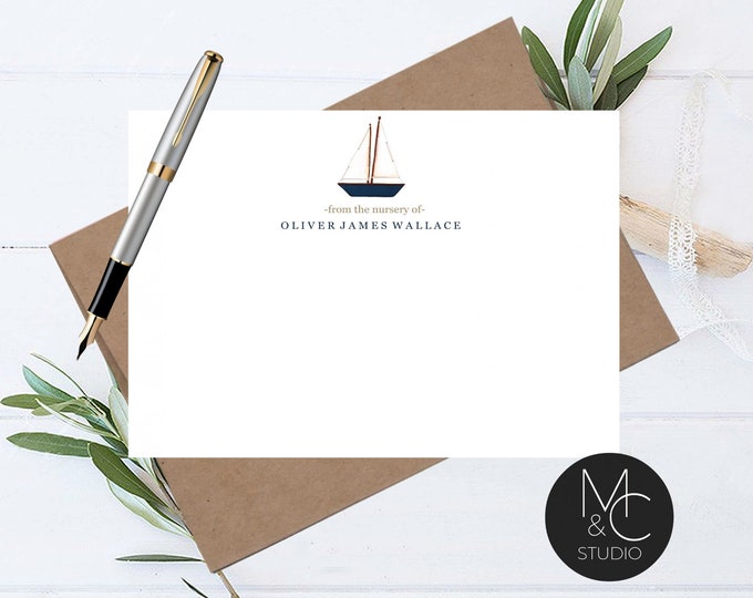 Sailboat Personalized Baby Shower Thank You Cards, Boy or Girl Baby Thank You Notes, Baby Stationery, From the Nursery of Sailboat Nautical