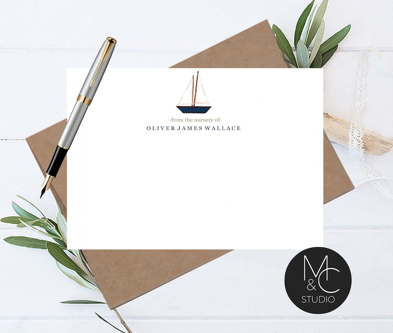 Sailboat Personalized Baby Shower Thank You Cards, Boy or Girl Baby Thank You Notes, Baby Stationery, From the Nursery of Sailboat Nautical image 1