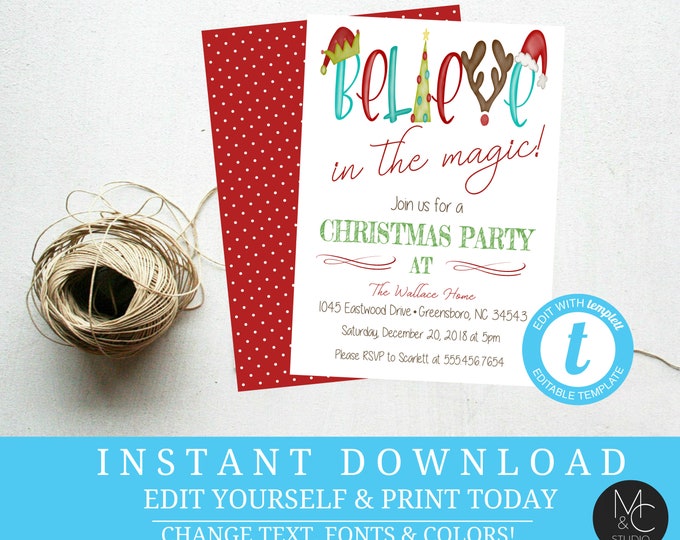 Christmas Party Invitation Invite ornament exchange Believe in the magic holiday kids party Editable, Template, Instant Download Holiday#T19