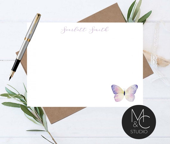 Personalized Stationery set, Butterfly, Thank You Cards, Flat Notecards, Custom Stationery, Script, Purple Lavender Mom, Friend Coworker Il_570xn