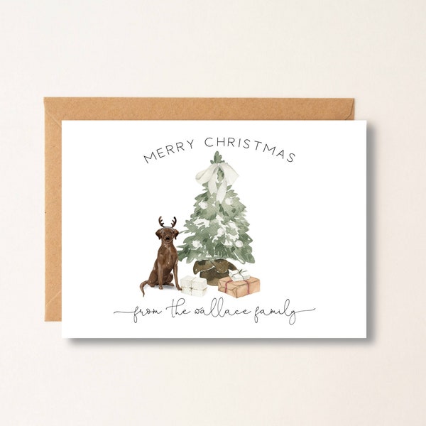 Holiday Dog Breed Card,  personalized Pet Christmas Greeting Card, Watercolor, Folded Note Card, Dog Lover, Holiday, Family Name, Stationery