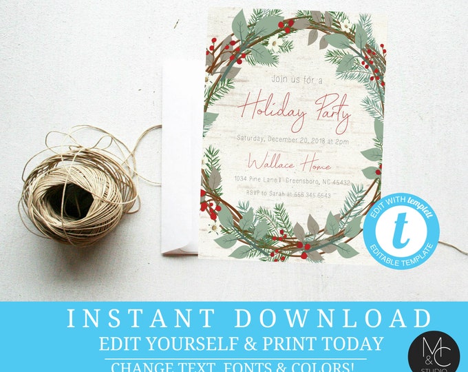 Evergreen Wreath Christmas Holly Berry party invite holiday party watercolor pine tree Editable, Template, Instant Download Holiday#T4