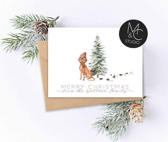 Hungarian Vizsla Dog, personalized Pet Christmas Greeting Card, Watercolor, Folded Note Card, Dog Lover, Holiday, Family Name Il_570xn