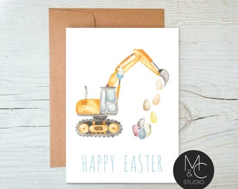 Easter Excavator Construction Card Greeting Card, Note Card, Boys Easter Gift, Grandson, Son, Folded Card, Easter Egg, #E18