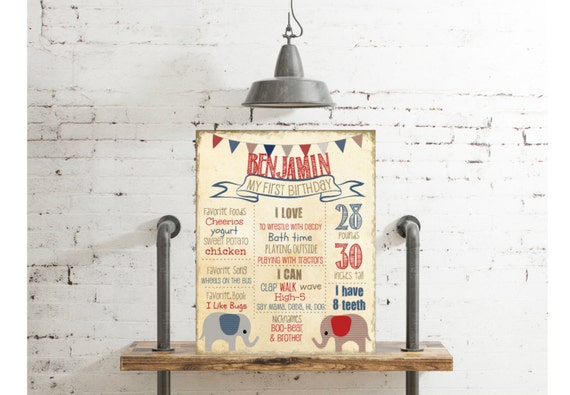 First Birthday Poster 16x20 -Vintage Circus Elephant Poster Sign, Boys Red Blue Vintage Birthday, Printable File Il_570xn