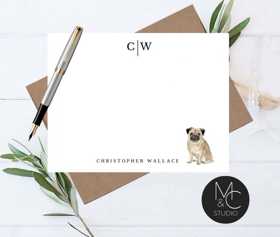 Pug Dog Personalized Note Cards, Stationery, Gift, Flat Note Cards, Christmas Gift, Boss, Friend, Coworker, Pug Gift Il_570xn