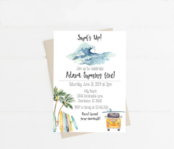 Surf's Up Birthday Invitation Printable or Printed Boy Birthday BeachSurfboards Vintage Van VW TropicalOcean Surf Palm Trees Pool Party Il_570xn