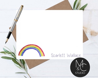 Rainbow Personalized Note Card Set, Stationary Cards, Monogram, Girls Note Cards Day Gift, Script Font, Stationary, Watercolor Rainbow