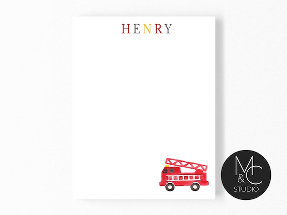 Fire Truck Printed Personalized Notepad - Inital Monogram Stationary- 5x7 Notepad- Boys Fireman notepad, gift for Boy Il_570xn