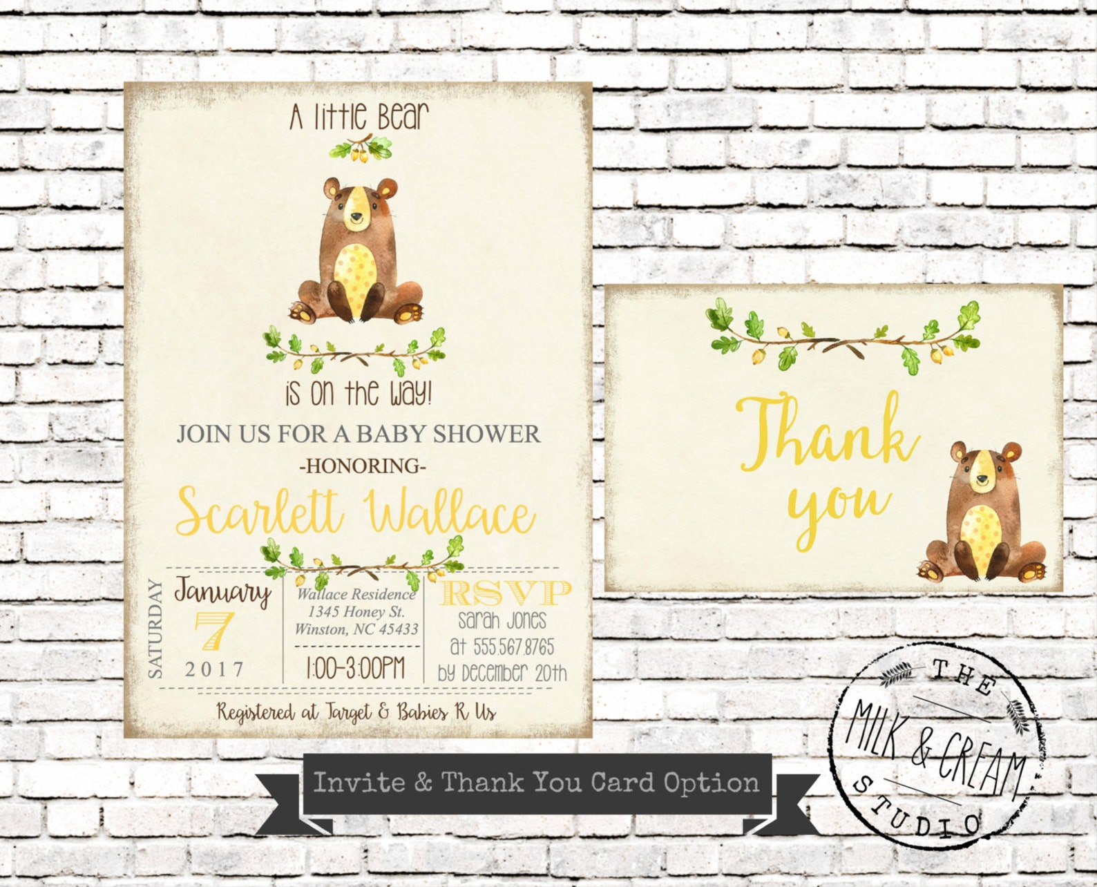 Little Bear Baby Shower Invitation Watercolor Woodland Baby Etsy