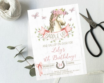 Horse Birthday Party Invite - Pony Party, Saddle Up for, Girls Birthday Party Floral Watercolor printed or printable, Horse Invitation