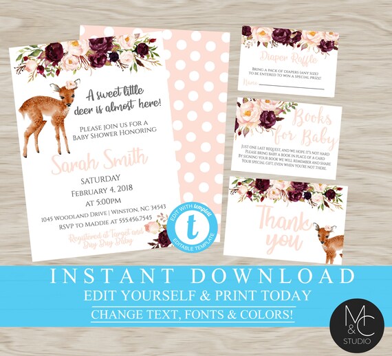 Woodland Floral Pink Baby Shower Invitation Baby Shower Deer