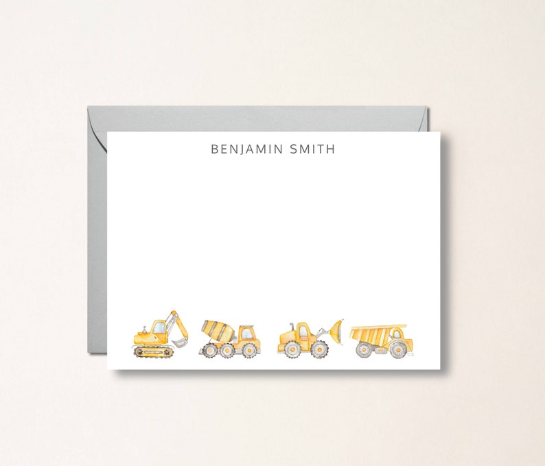 Construction Personalized Note Card, Excavator, Dump Truck, Boys Stationery, Tractor, Equipment, Thank you Cards, Boy Gift, construction image 1