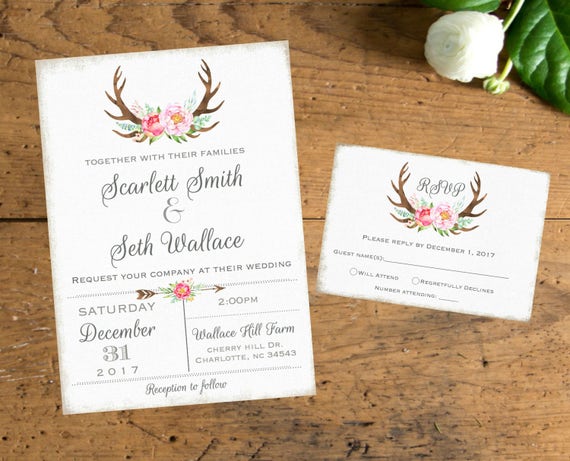Wedding Invitation Antler Floral Watercolor Boho Country Barn