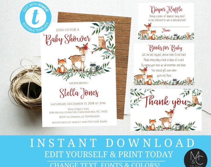 Christmas Woodland Baby Shower Invitation Set (Editable Template)