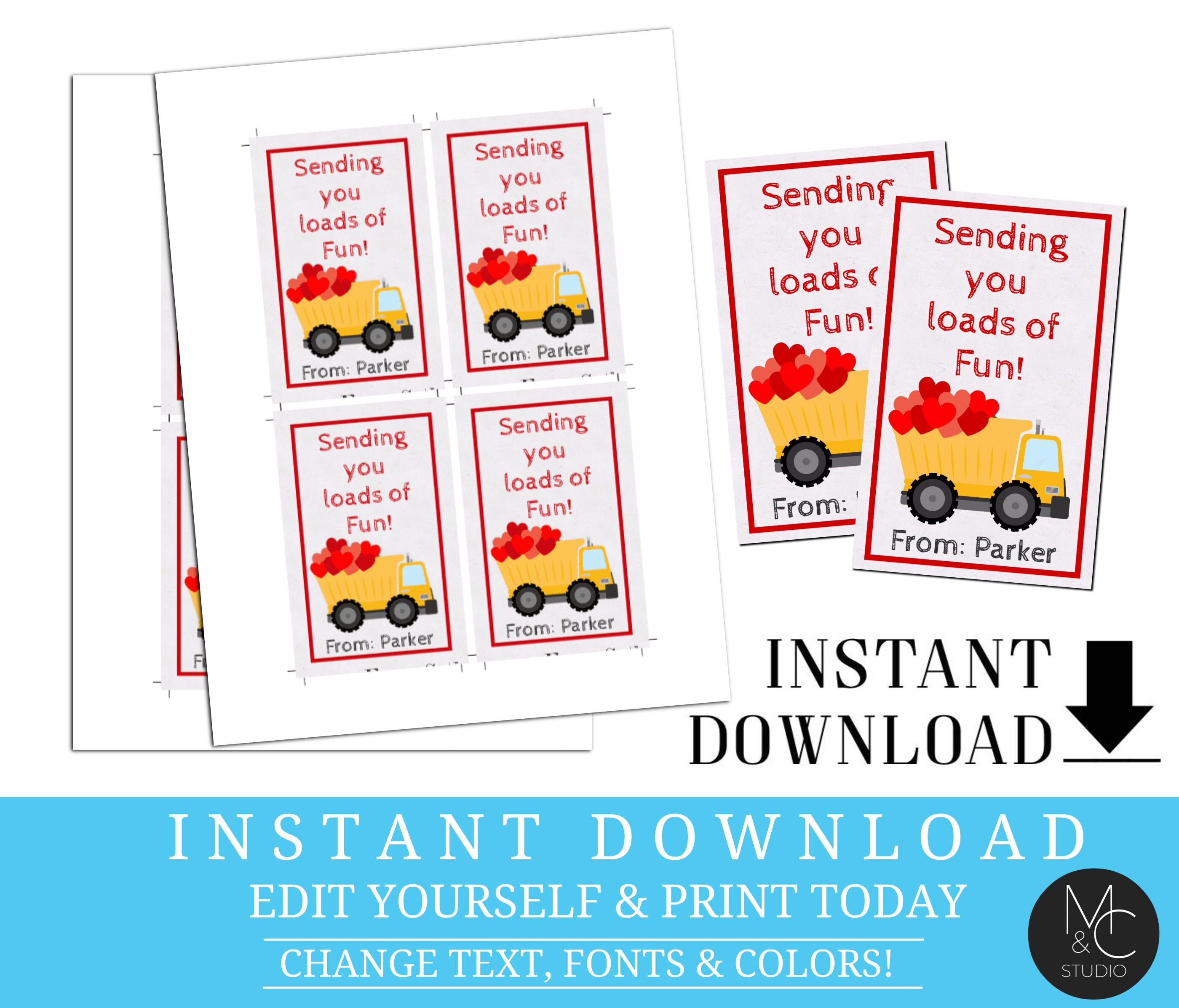 Valentine Card Editable Kids Dump Truck Loads of Fun Boys | Etsy