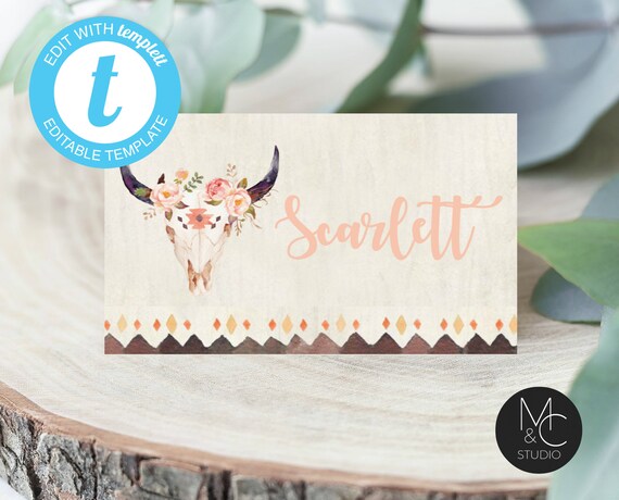 Boho Chic Skull Flower Place Card DIY, Editable Place Card, Food Tent Card Folded Printable Templett, Instant Download #2089 Il_570xn