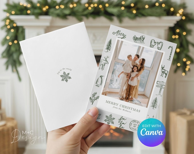 Christmas Card with Photo, Canva Template, Modern Green Doodle, Holiday Edit Yourself