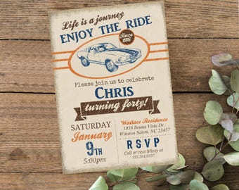 Life is a journey enjoy the ride, Vintage Mustang Car Birthday Printable Vintage Invitation, Mens Auto 40th Birthday Invite