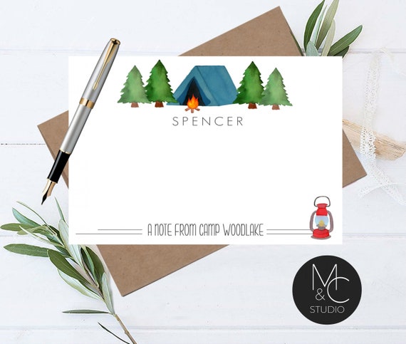 Summer Camp Personalized Note Card, Custom Camp Name Stationery, Boys Summer Camp, Write Home From Camp Notecard, Camp Tent Pine Trees Il_570xn