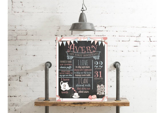 Tea Party First Birthday Chalkboard -Vintage Tea Party Chalkboard- Poster Sign,Tea Party Chalkboard Birthday Printable File Il_570xn