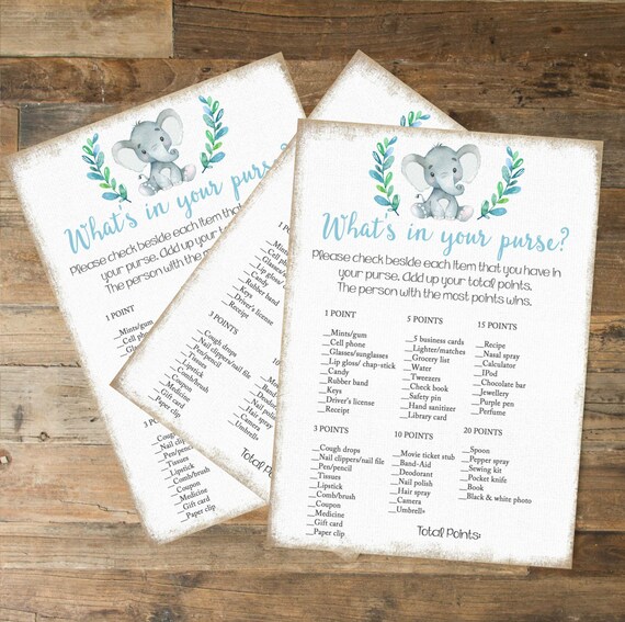 What's in your purse game Card( Instant Download) Printable Shower Games 5x7 Jungle Elephant Boy Watercolor Spring Shower #1033 Il_570xn