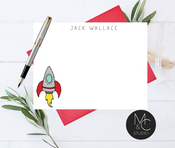 Rocket Space Personalized Note Card Set, Stationary Cards, Monogram, Boys Note Cards Day Gift, Script Font, Stationary, Space Lover Gift Il_570xn