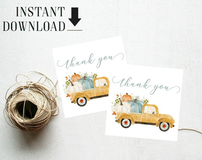 Vintage Fall Truck Baby Shower Birthday Favor Tags Gift Tags First Birthday Instant Download Printable Pumpkin  Thank You Tag 1069