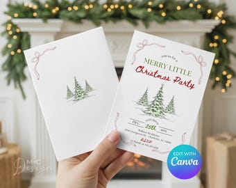 Christmas Card Invitation, Holiday Party, Watercolor Tree, Canva Edit Yourself, Minimal