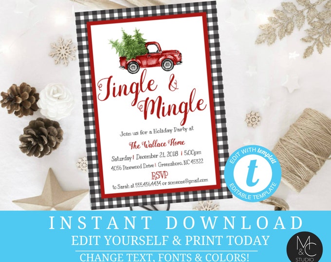 Holiday Party DIY Jingle Mingle Red Truck Christmas tree buffalo plaid Editable, Template, Instant Download Holiday#T2