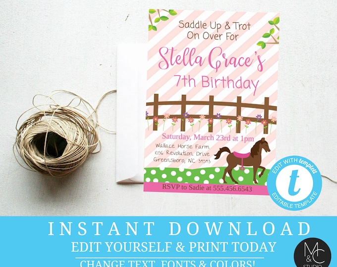 Horse Birthday Invitation, Pink Stripe Pony Party, Editable Template (Instant Download)