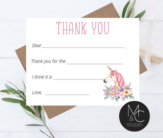 Unicorn Thank You Cards, Childrens Fill in the Blank Thank You Notes for Birthday, Christmas, Flat Note Cards, Girls Unicorn Thank you card Il_570xn