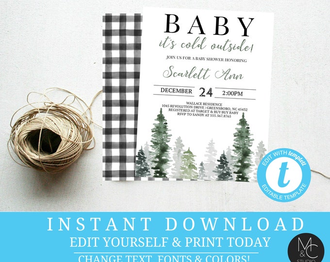Baby Shower Winter Invite, Bundle of Joy Baby Shower Invitation, Christmas Greenery Baby Shower Invitation, baby shower, templett