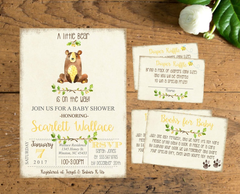 Watercolor Woodland Baby Shower A little bear is on the way Book Request Diaper Raffle Ticket #1015 Little Bear Baby Shower invitation