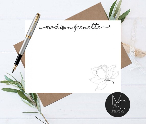 Personalized Stationery set, Magnolia Flower, Thank You Cards, Flat Notecards, Custom Stationery, Script, Modern Mom, Friend Coworker Il_570xn