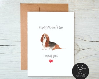 Basset Hound Dog Card with Kraft Envelope,Mothers Day, Blank Note Card, Dog Lover, Card from Dog, I woof you, Mom, Simple Card