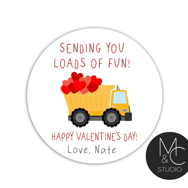 Valentine's Day Stickers - Dump Truck Loads of Fun, Valentine Favor Stickers - Valentine's Day - Personalized Round 2 inch Sticker Set of 12