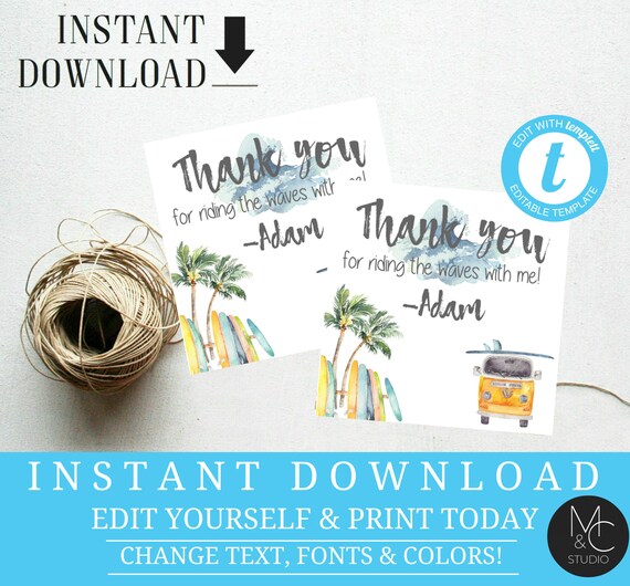 Favor Tag, Surfs up Beach Pool Party Summer Surf Board Boys Party Editable Gift Tag, Printable Templett, Instant Download, vintage truck Il_570xn