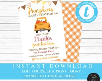 Pumpkin Leaves Stacks of Hay Truck Birthday Invitation, Autumn, Pumpkin Patch, Fall Invitation, Editable, Template, Instant Download #2077
