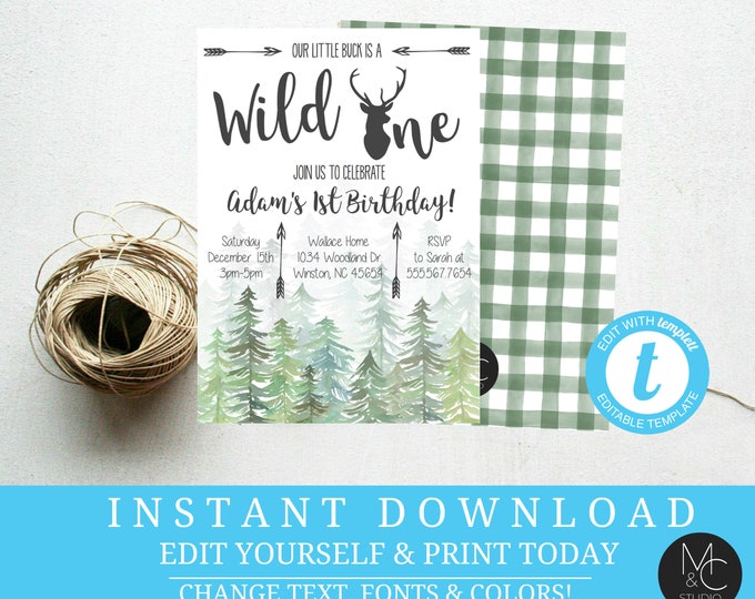 Our little buck birthday first green trees deer antler buffalo plaid christmas tree party Editable, Template, Instant Download #2080