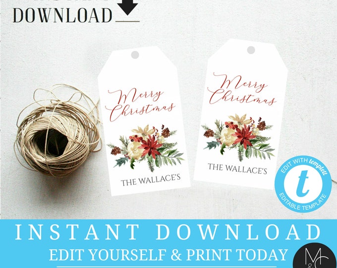 Editable Simple Christmas tags, tags for Christmas, Editable Hang, Christmas Printable Templett, Instant Download Flowers