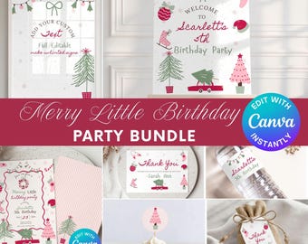 Merry Little Birthday Bundle | Winter Theme Girl Invitation Set | Editable Canva Template