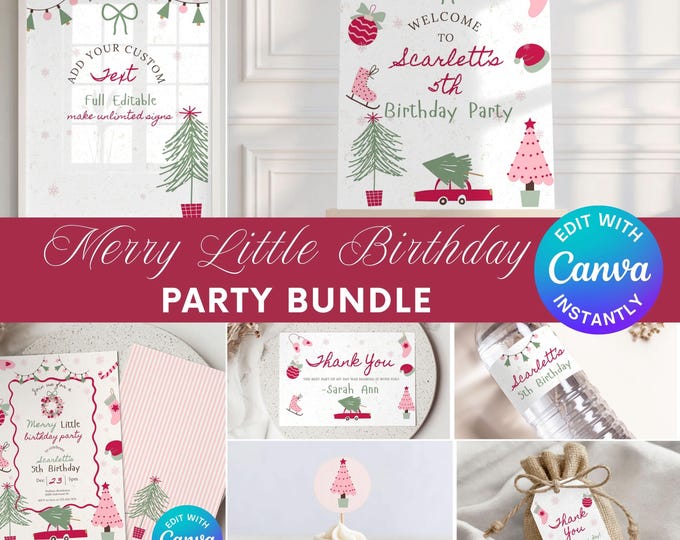 Merry Little Birthday Bundle | Winter Theme Girl Invitation Set | Editable Canva Template