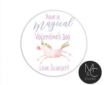 Valentine's Day Stickers - Unicorn Valentine Favor Stickers - Valentine's Day - Personalized Round 2 inch Sticker Set of 12